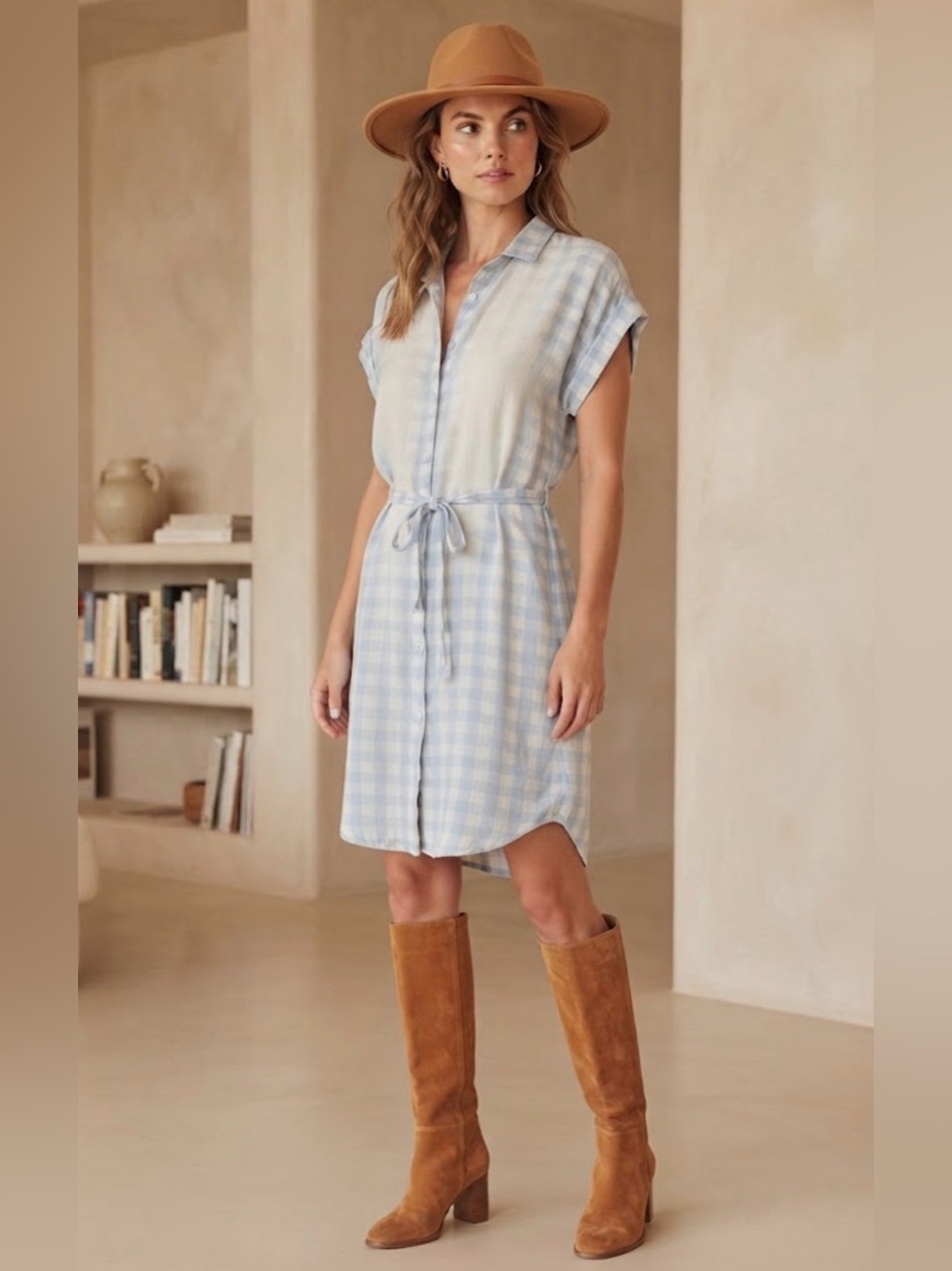 CLEARANCE Anthropologie Bella Dahl Blue Gingham Tencel Shirt Dress Distressed